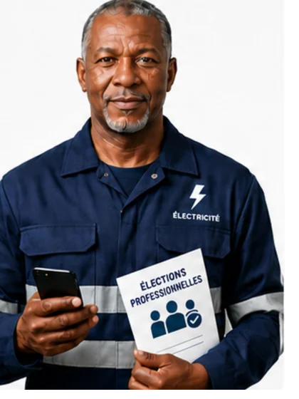 Agent technique électricité tenant son téléphone et le document Élections professionnelles