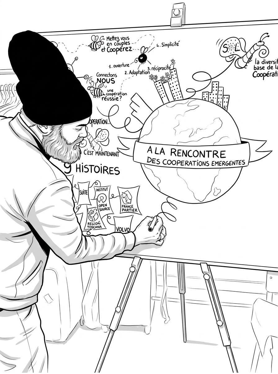 Philippe Rilos en pleine fresque collaborative, illustration line-art, panneaux sur chevalet