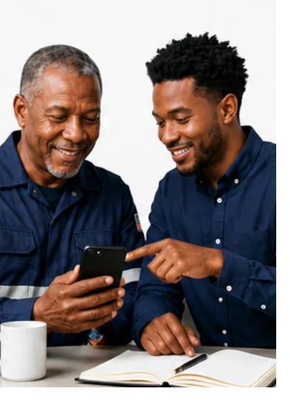 Agent accompagné par un collègue sur son téléphone