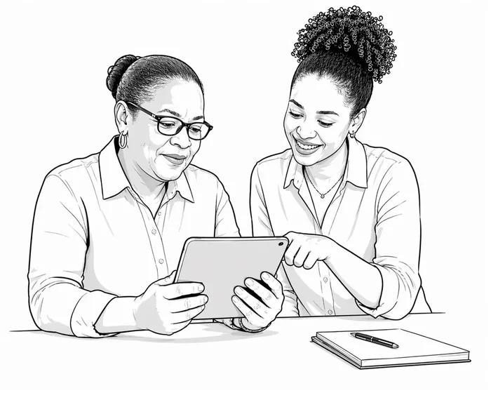Une ambassadrice numérique accompagne une collègue sur une tablette, illustration line-art