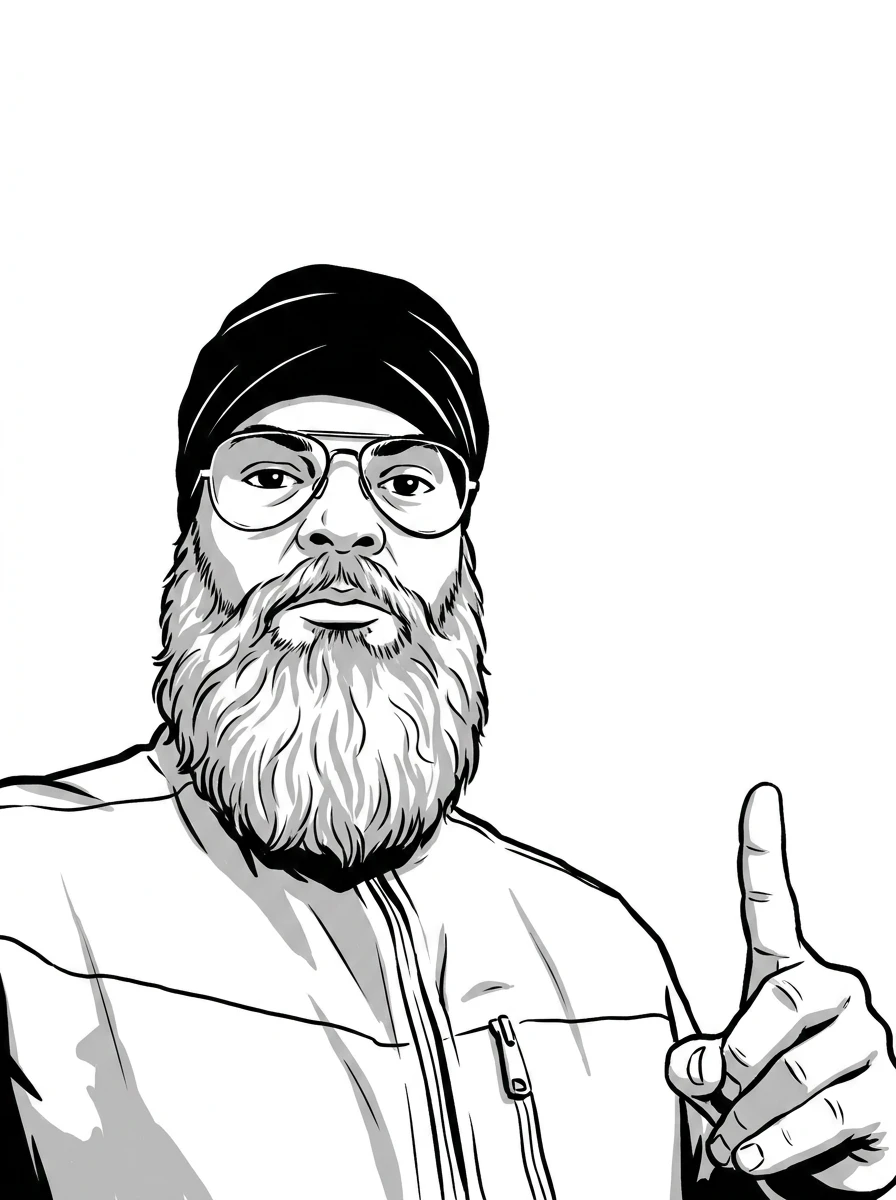 Philippe Rilos, portrait illustré, l'index levé