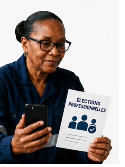 Agente CDG Martinique tenant son téléphone et le document Élections professionnelles