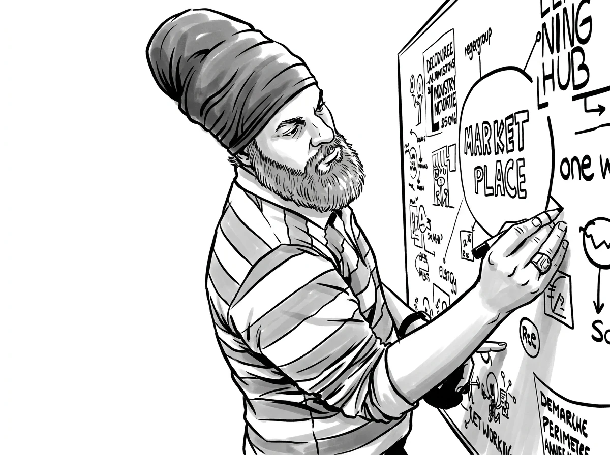 Philippe Rilos dessinant en direct sur un tableau blanc, atelier Market Place