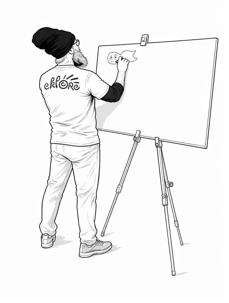 Philippe Rilos dessinant sur panneau et chevalet, illustration line-art