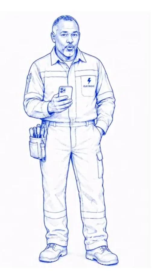 Esquisse d'un agent technique, tenant un téléphone